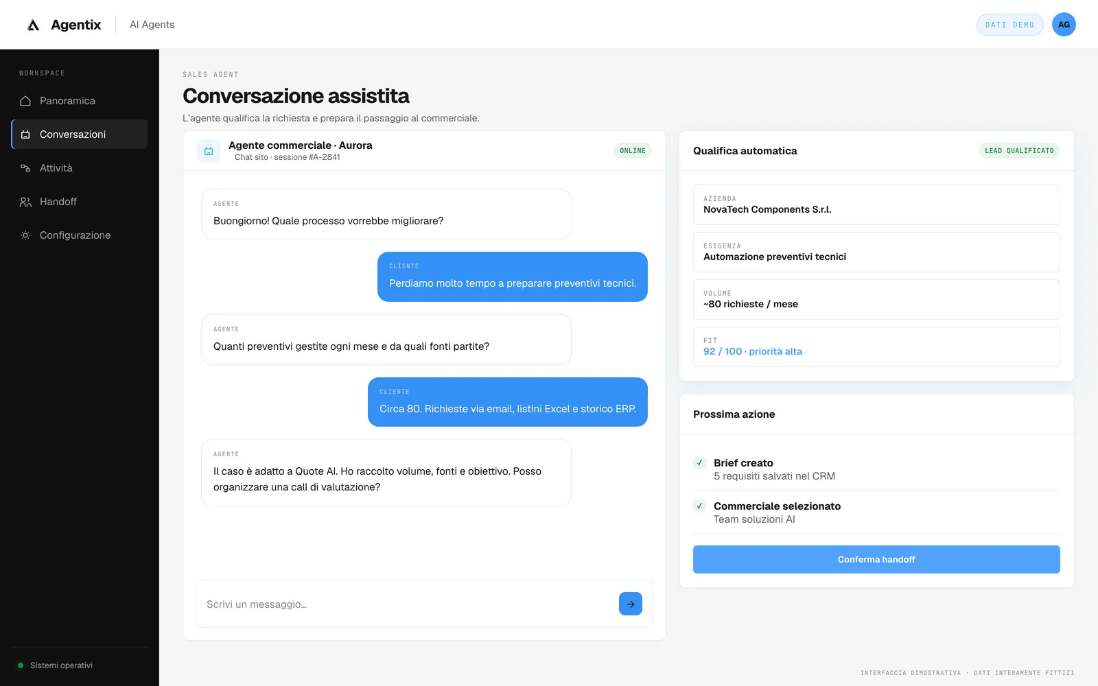 Agente commerciale che qualifica una richiesta in chat e prepara il passaggio al commerciale con brief e prossima azione