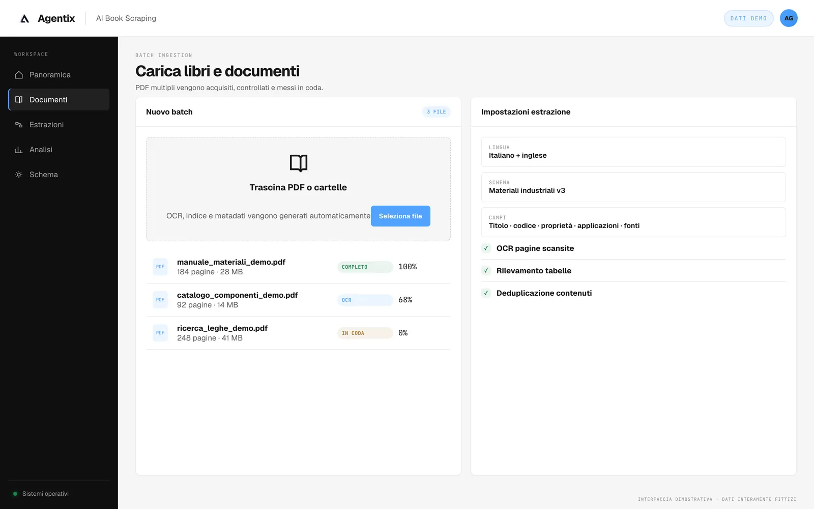 Caricamento di un lotto di PDF con OCR, indice e metadati generati automaticamente