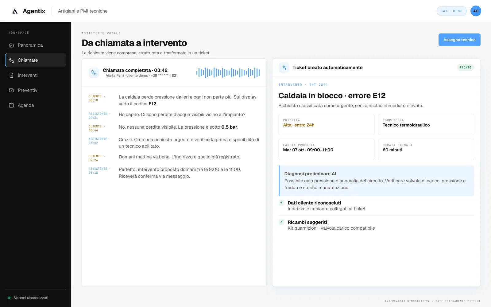 Trascrizione di una chiamata per caldaia in blocco e ticket di intervento creato automaticamente con diagnosi preliminare