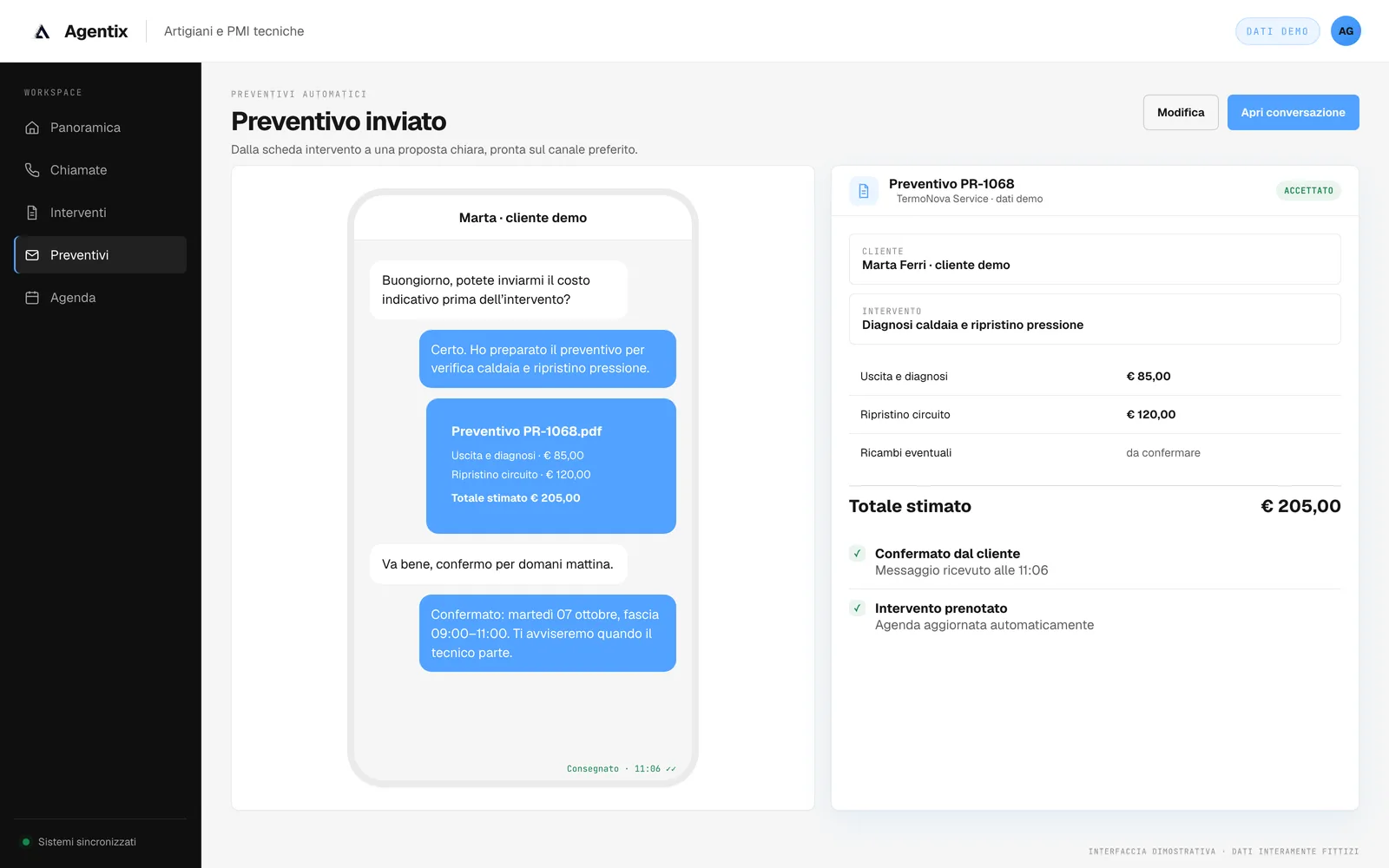 Preventivo inviato al cliente via chat con riepilogo di costi e conferma dell’appuntamento