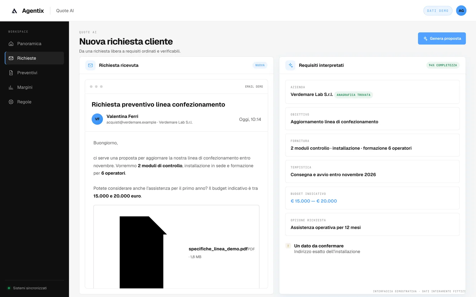 Richiesta cliente via email con allegato: l’AI estrae prodotti, quantità, budget e tempi di consegna