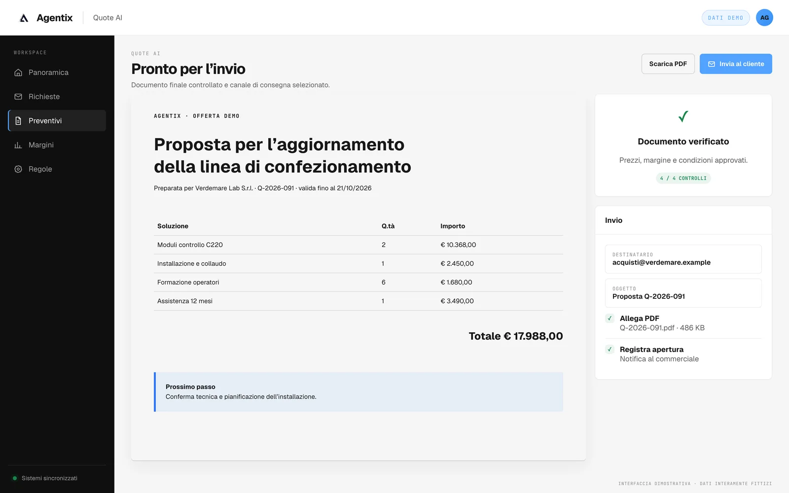 Proposta finale in PDF verificata e pronta per l’invio al cliente