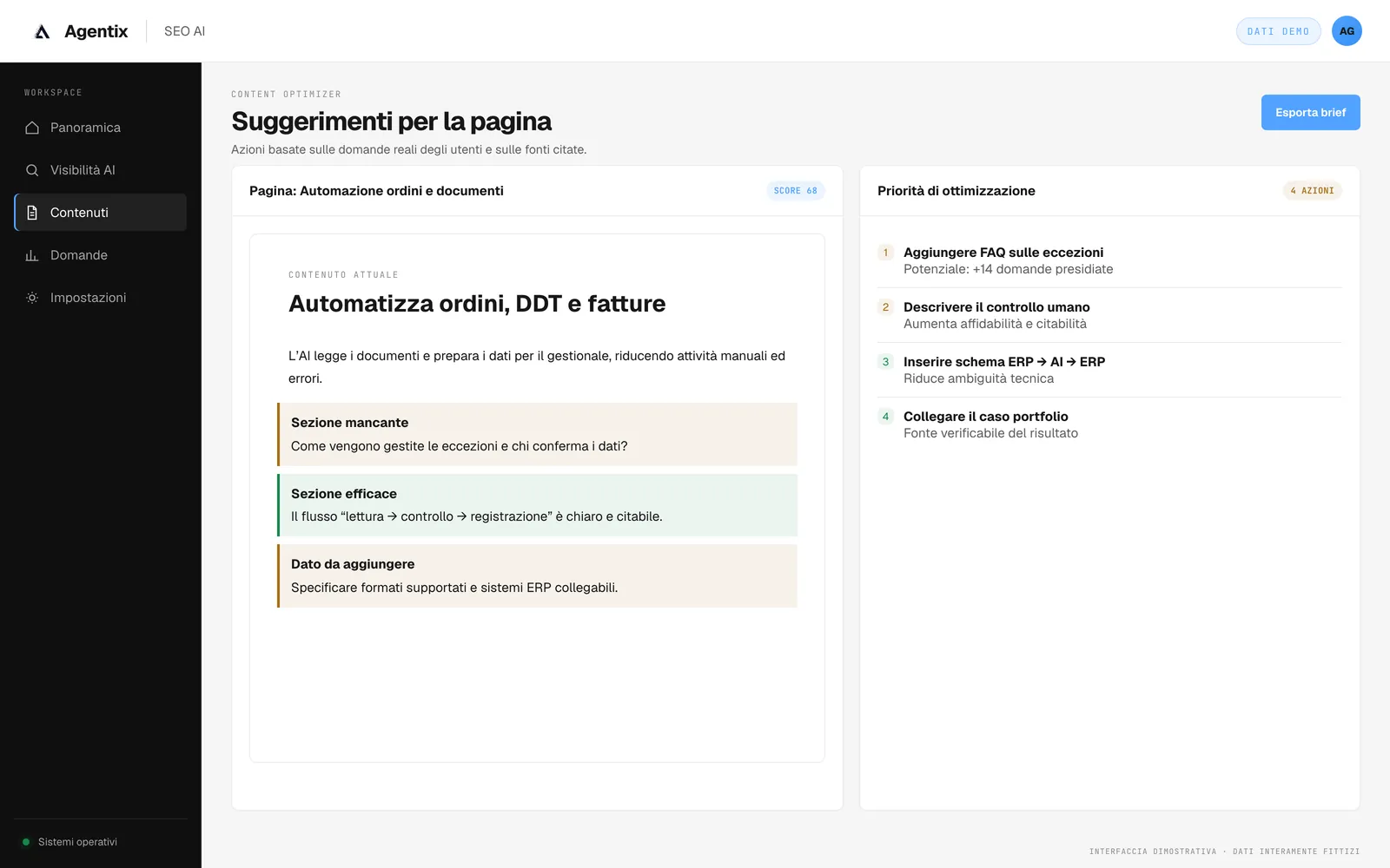 Suggerimenti di ottimizzazione per una pagina con sezioni da aggiungere e priorità