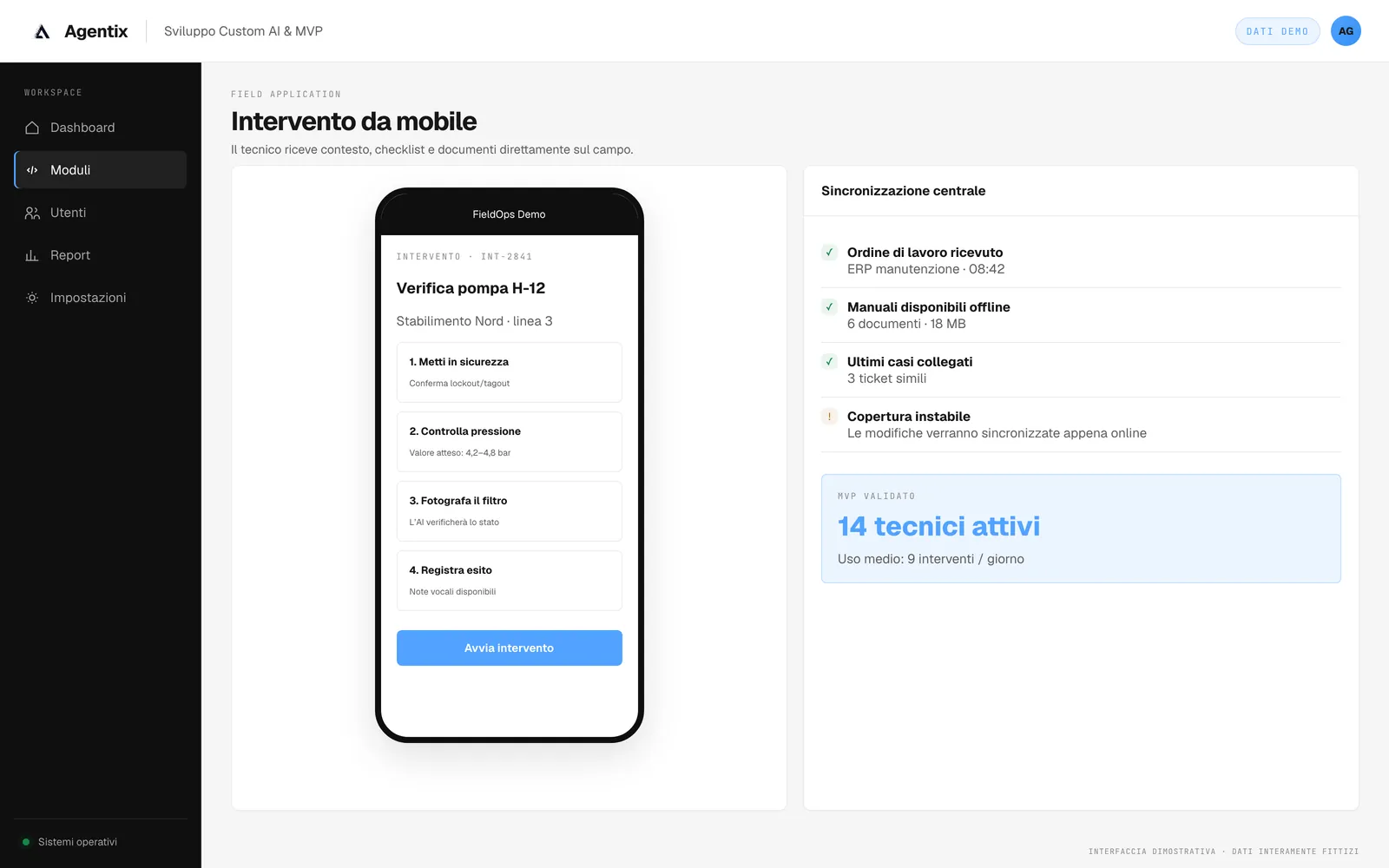 App mobile per il tecnico con checklist d’intervento, documenti e contesto della macchina